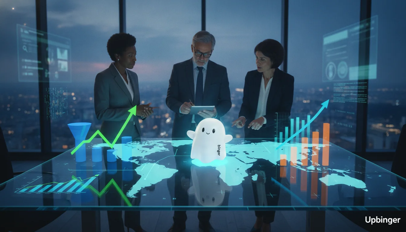 Executives analyzing an illuminated world map dashboard with AI‑driven SEO performance and revenue metrics across global markets in a modern glass‑walled office.