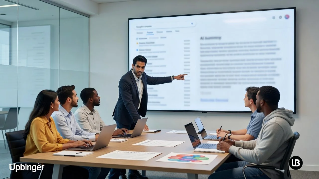 Marketing leader presenting to a small team in a glass-walled conference room, comparing traditional search results and AI-generated answers on a large, blurred screen.