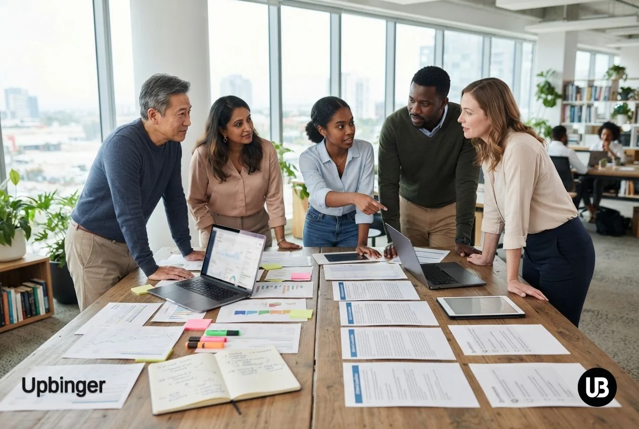 Marketing team at a large table comparing traditional SEO analytics materials on one side with AI-driven content planning materials on the other, illustrating a shift in their tool stack.
