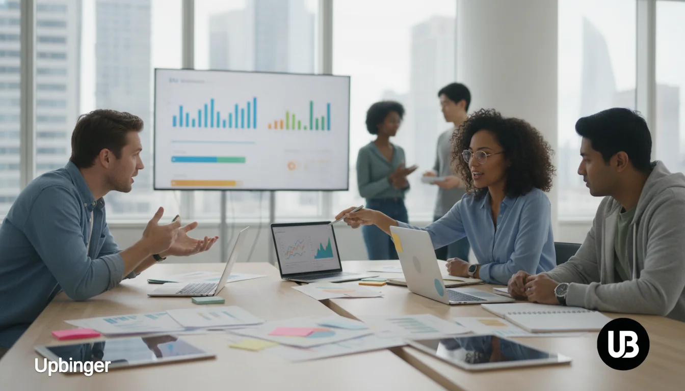 SEO and content marketing team in a bright modern office collaboratively comparing AI content tools on laptops and a large wall screen