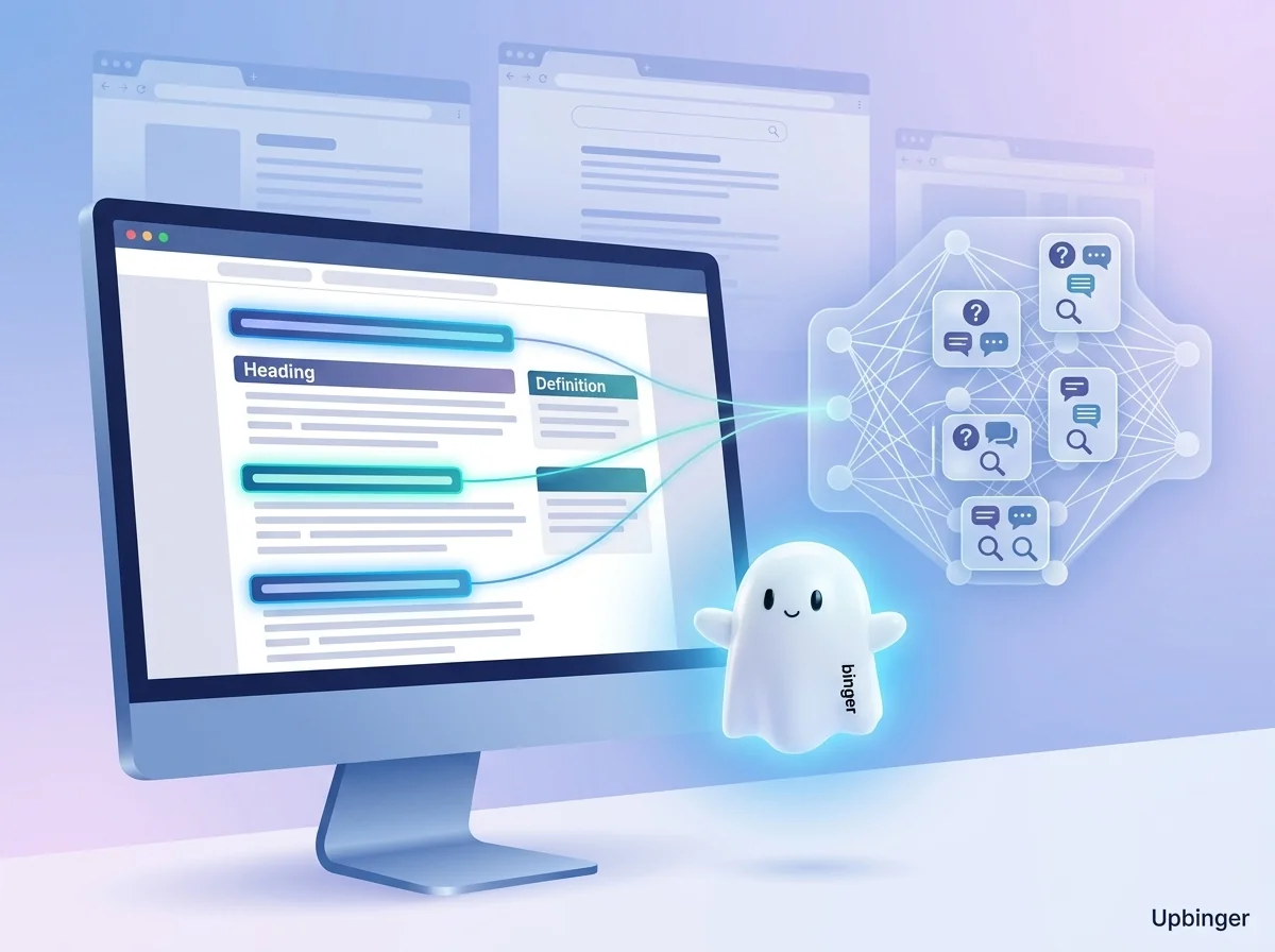 Conceptual illustration of a web page with clearly structured headings and definitions feeding into a glowing AI brain-like network, symbolizing how Upbinger helps AI understand page content.