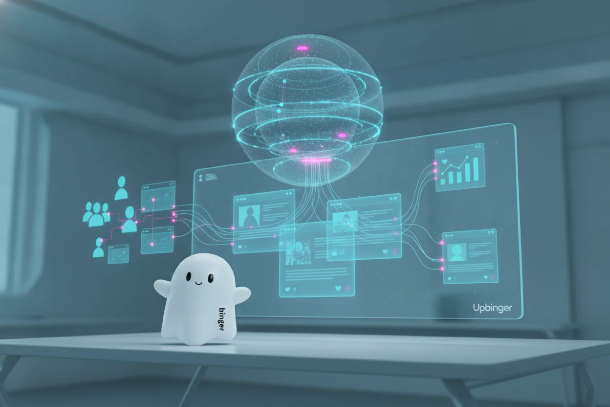 Conceptual illustration of an AI analytics workspace showing content cards connected by glowing network lines to user sessions on one side and rising search rankings on the other, representing an AI agent framework tying content to sessions and SEO performance.