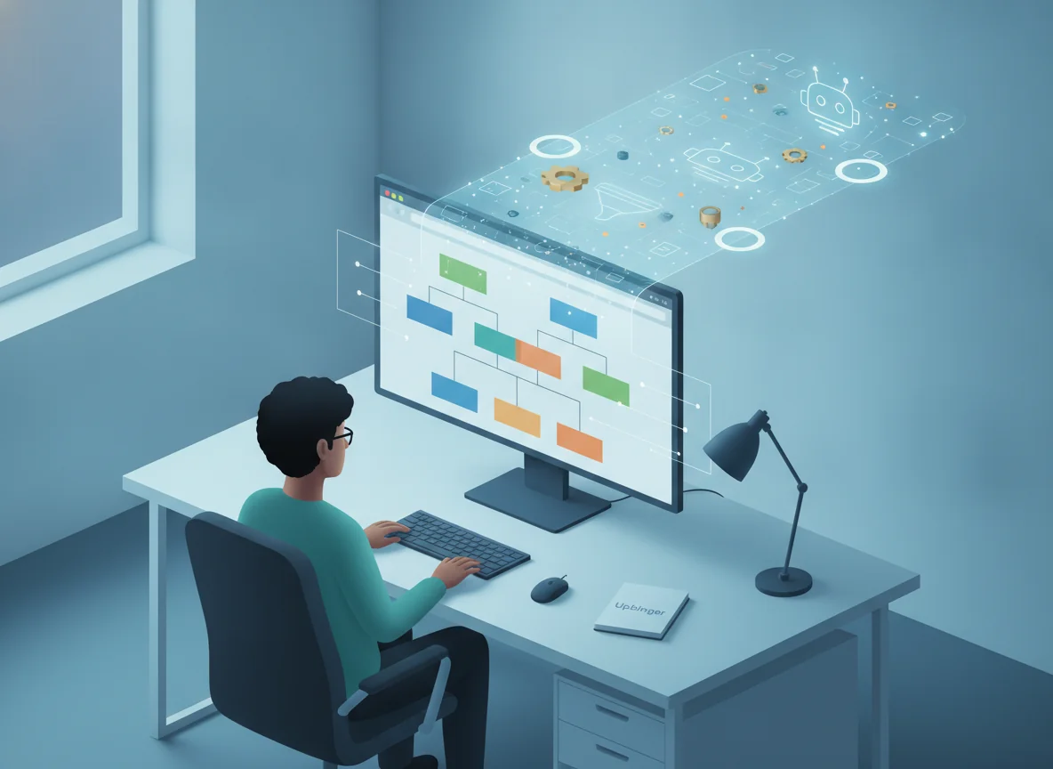Conceptual illustration of an SEO specialist optimizing a site’s structure while a glowing stream of data forms AI and crawler silhouettes, symbolizing making content machine-readable over time.