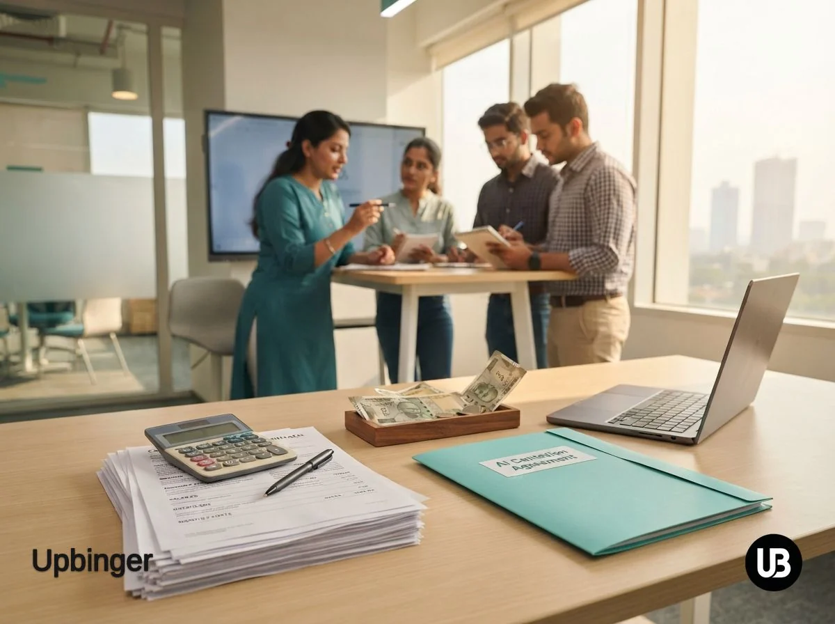 Indian marketing team in a bright modern office comparing the costs of traditional content spending versus an AI content platform, with rupee notes and documents on a table symbolizing budget decisions.