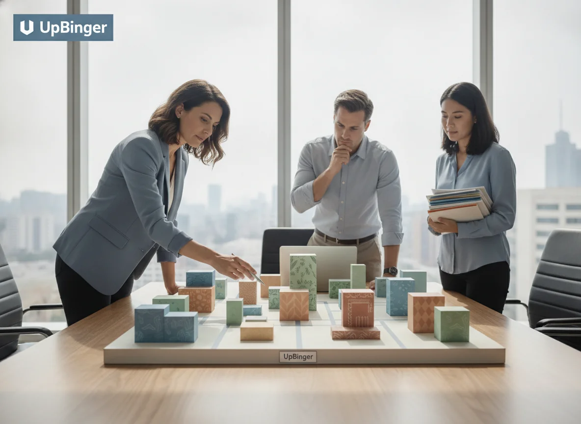Marketing and SEO professionals reviewing a detailed architectural model that represents a structured global content platform, emphasizing a solid foundation and organized regions in a bright modern conference room.