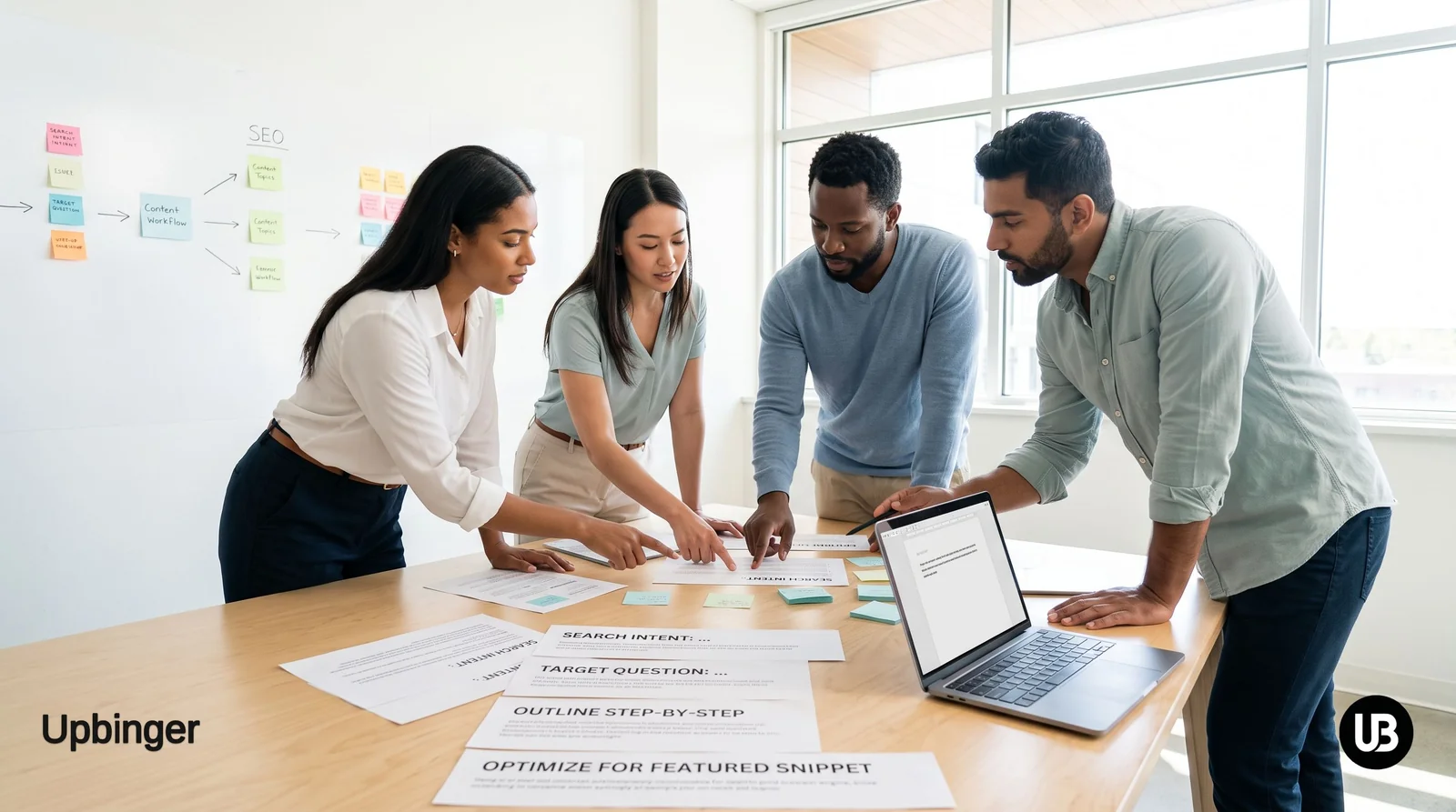Marketing and SEO team collaborating around a table covered with structured AI prompt fragments, shaping rank-ready content in a bright modern office.