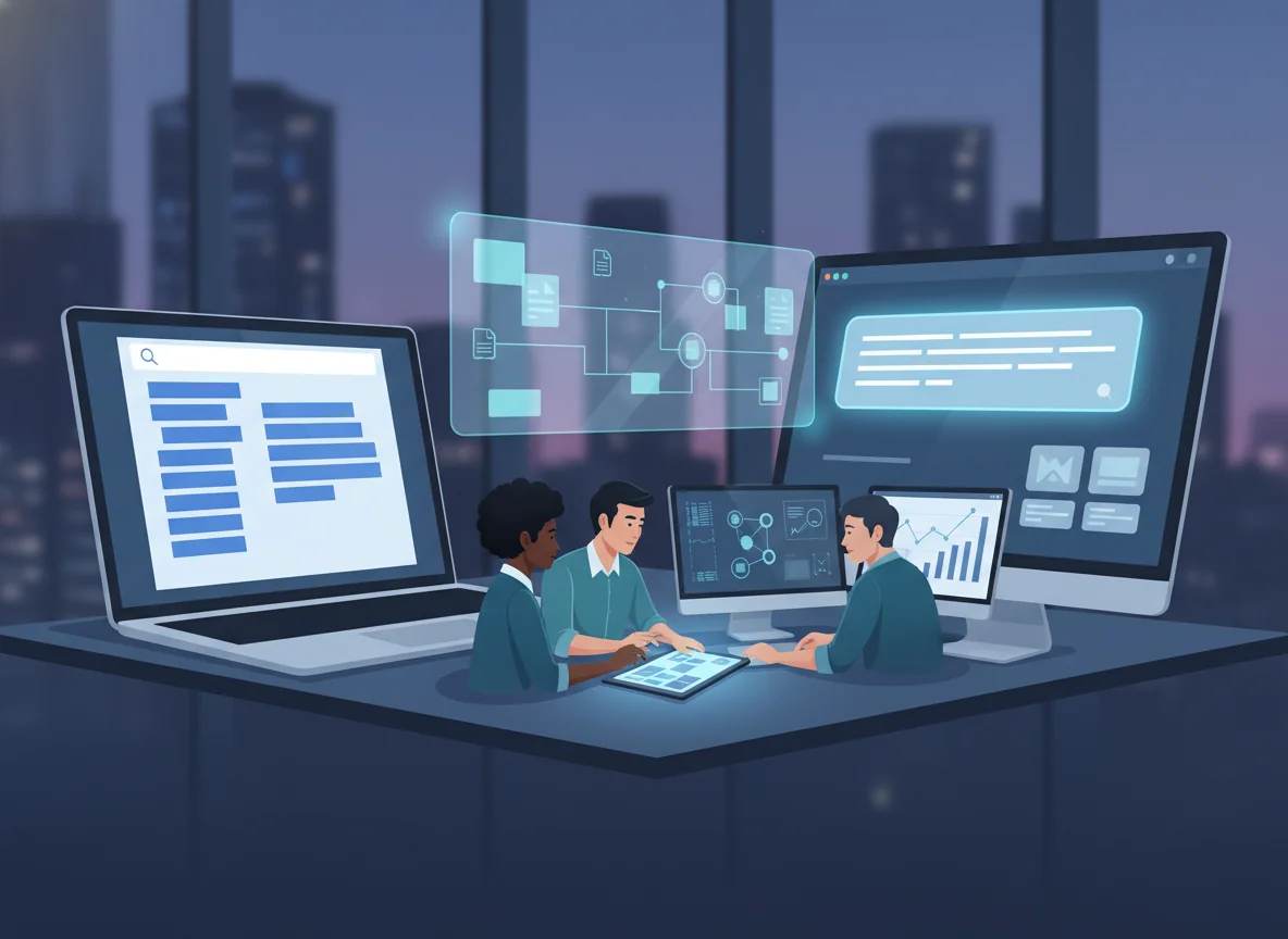 Editorial illustration of marketers transitioning from traditional search results optimization to AI answer-engine optimization, comparing a classic search results page with a modern AI chat interface and structured content diagrams.