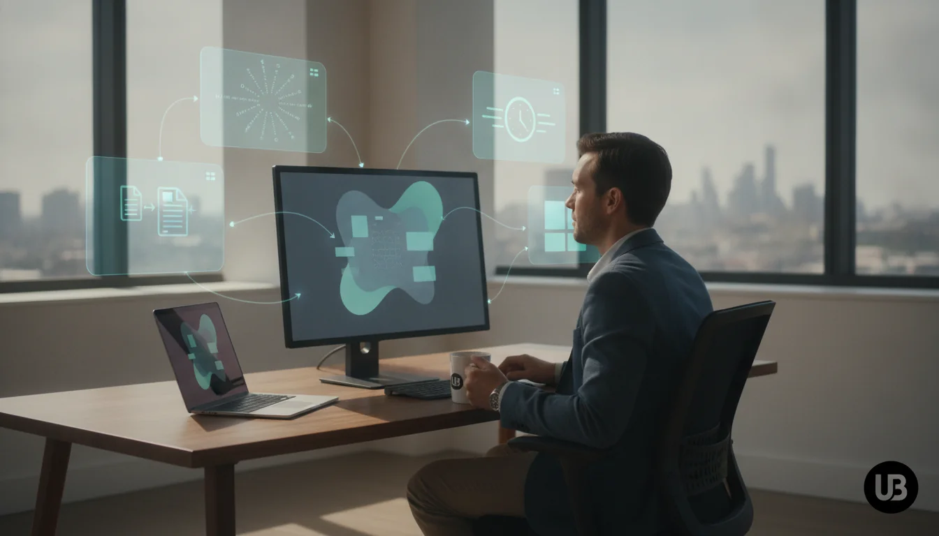 Marketing professional in a bright modern office overseeing an AI‑driven content workflow, with floating graphical panels suggesting an automated SEO process from brief to published article in a single day.