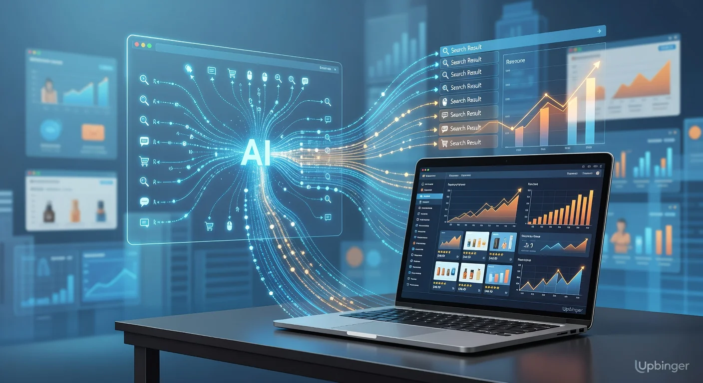 Conceptual illustration of AI analyzing e‑commerce data and transforming it into improved search rankings and rising revenue charts on a laptop screen.