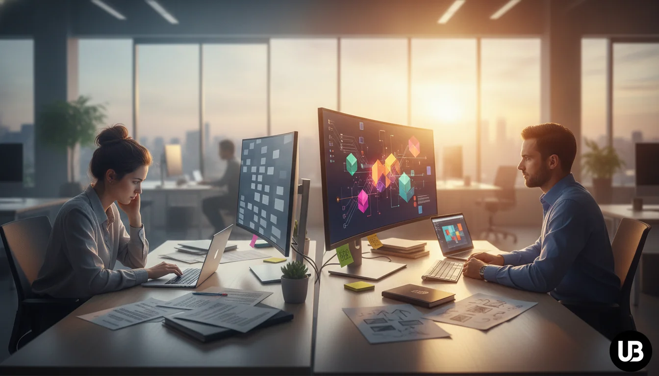 Split office scene showing a frustrated marketer using a basic AI writing tool on one side and a focused marketer using an advanced SEO content platform on the other, illustrating why platform-level SEO outperforms generic AI writers.