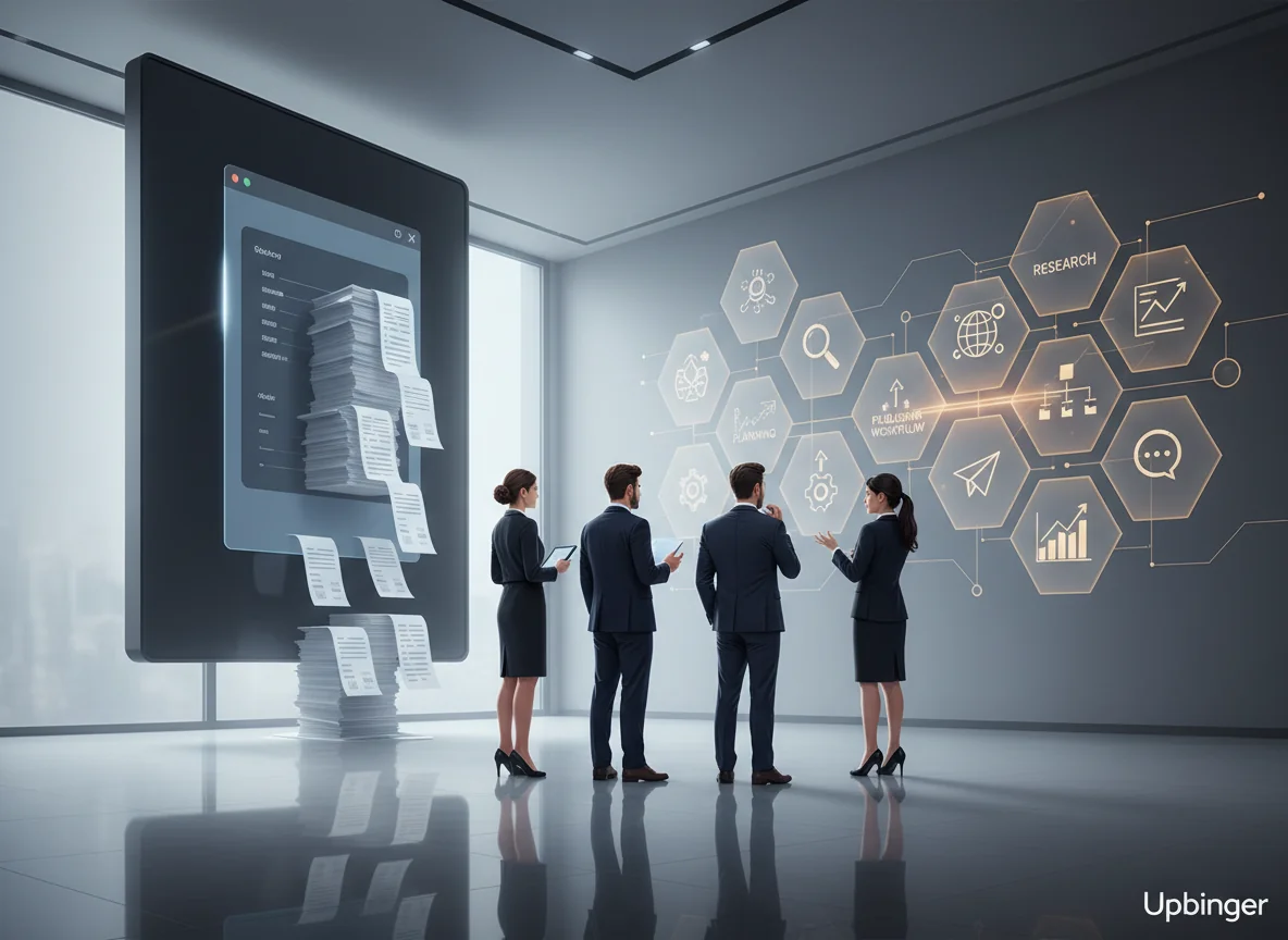 Editorial illustration of a business team turning from a single oversized AI content platform toward a more connected ecosystem of specialized content strategy and workflow tools.