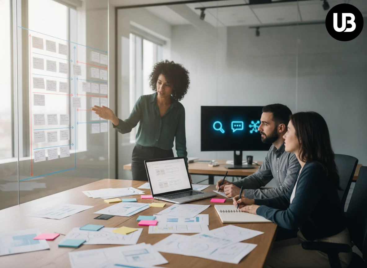 Marketing strategists in a bright office collaboratively planning structured content across multiple discovery channels, symbolizing a new approach to SEO automation.