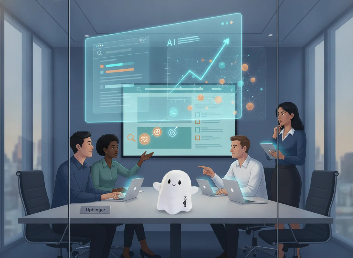 Marketing and SEO team collaborating around a holographic interface that blends classic search analytics with AI-style neural patterns, symbolizing shared core AI for SEO concepts.