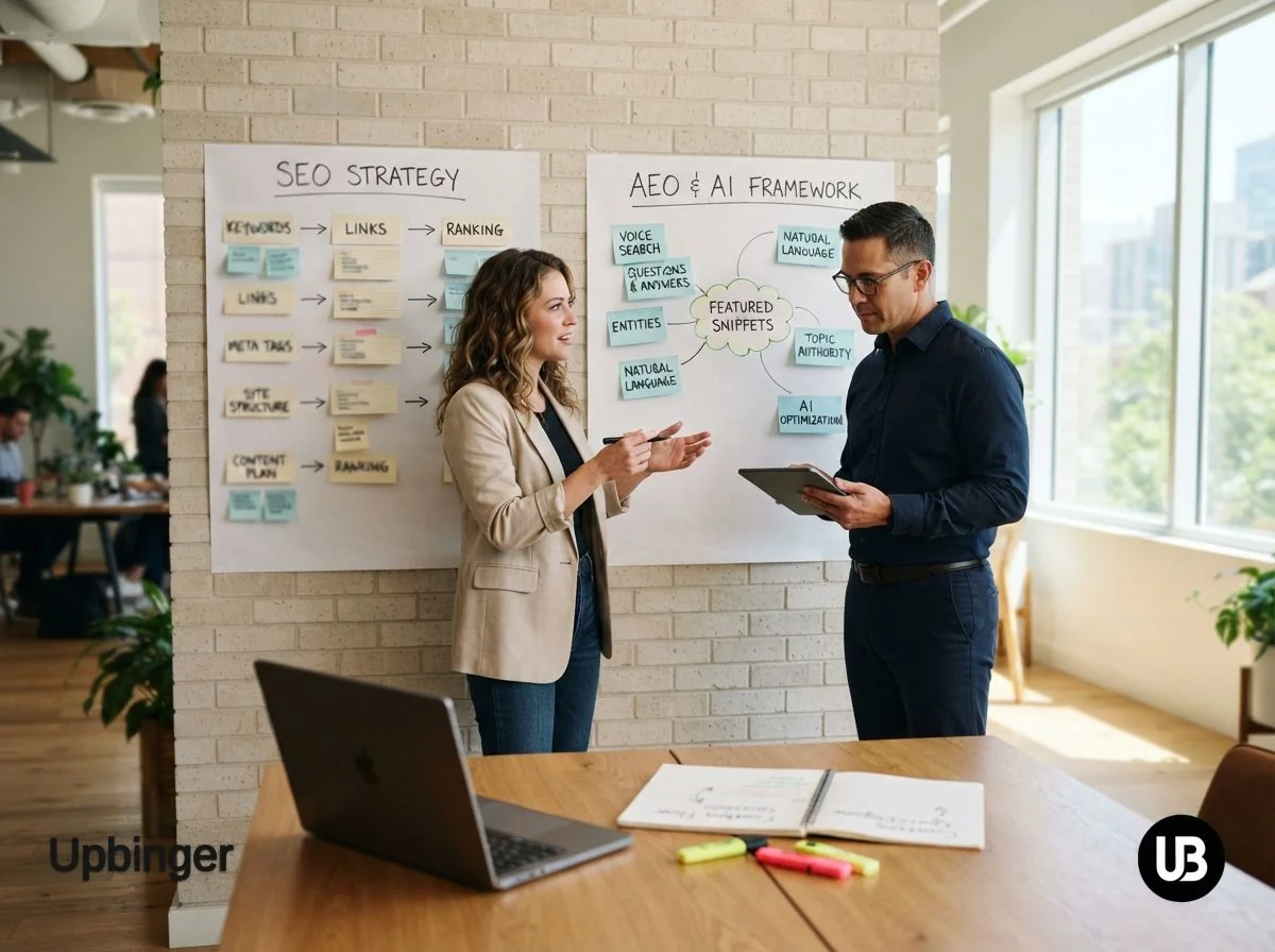 Small business owner and marketing consultant comparing two strategy boards labeled with SEO and AI-era content concepts in a bright office, symbolizing choosing features in AI SEO tools.