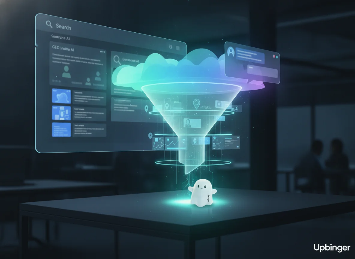 Conceptual illustration of a layered digital funnel showing traditional SEO results feeding into location-aware search and AI-generated answer interfaces, symbolizing the future of SEO with generative AI and GEO in 2026.