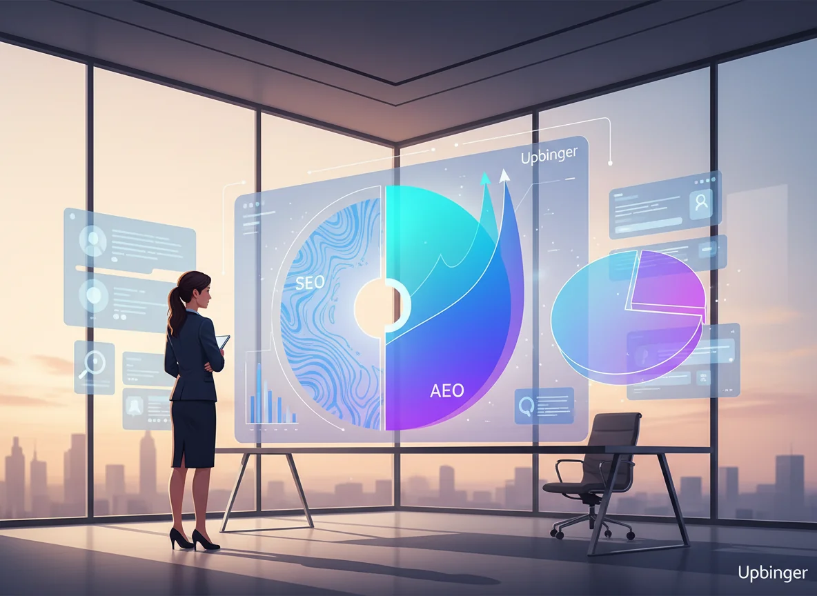 Editorial illustration of a marketing leader analyzing a digital budget dashboard where investment visibly shifts from traditional SEO to AI-driven answer engine optimization by 2027.