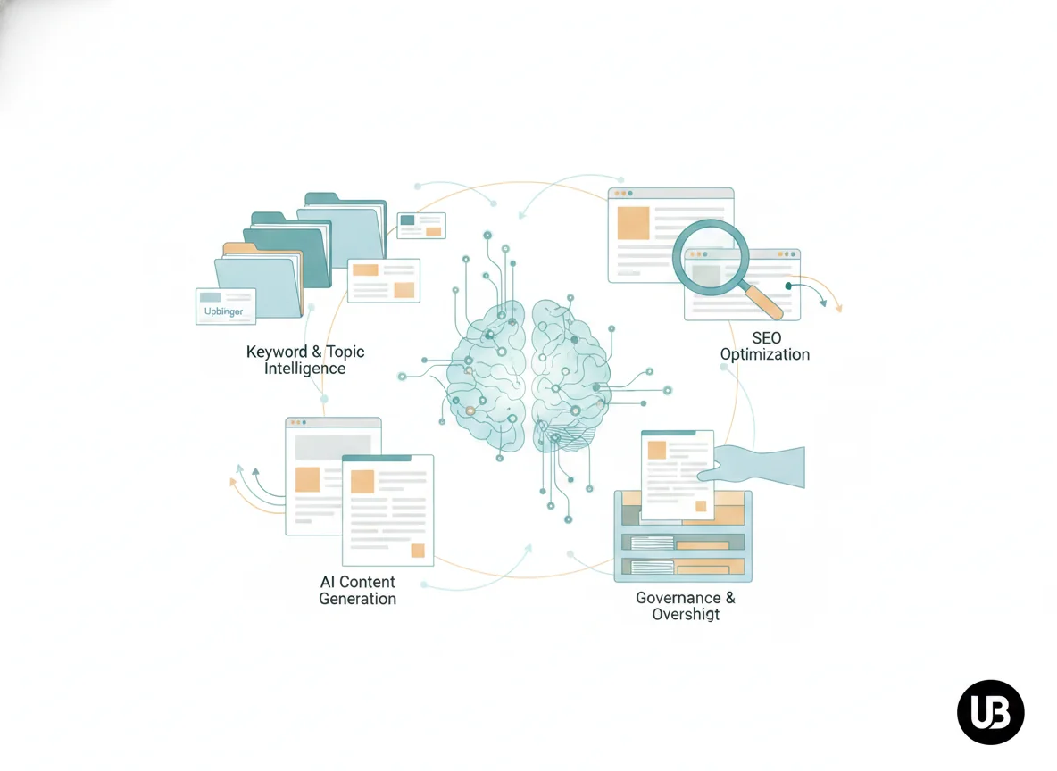 Editorial illustration of an integrated AI brain connected to organized keyword clusters, evolving documents, optimization symbols, and orderly storage, symbolizing the essential features of an AI SEO platform working in one workflow.