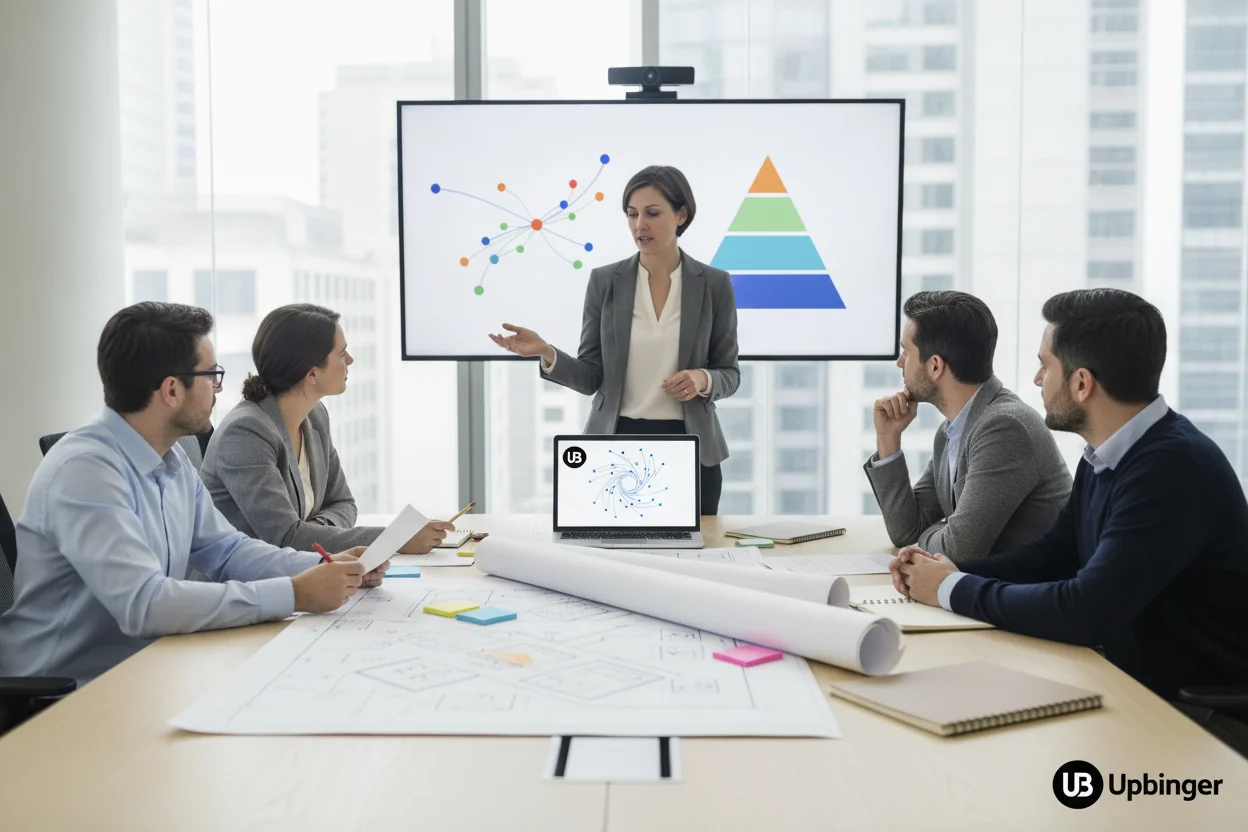 Cross-functional team in a modern office mapping out AI-driven SEO foundations and site structure together around a conference table.