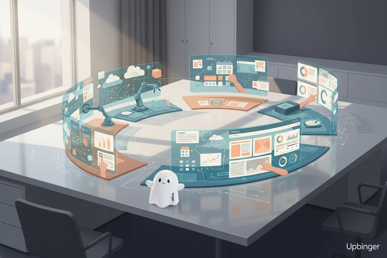 Illustrated workflow of the SEO content lifecycle on a desk, with most stages depicted as AI-automated and a smaller portion showing human involvement at key points.