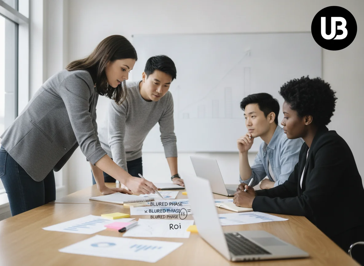 Marketing team in a bright office calculating ROI on AI-driven SEO and AEO content using printed reports and a sketched formula on a notepad.