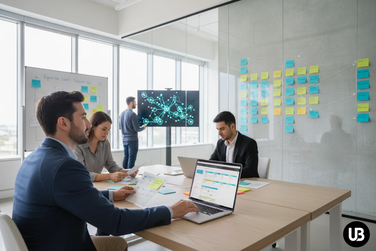 Marketing team in a bright office overseeing an organized, partially automated content workflow with screens and boards showing structured, text-free visuals.