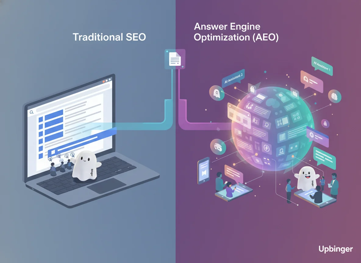 Editorial illustration contrasting traditional search engine results on one side with AI-driven answer engines on the other, showing how the same content feeds both but is consumed differently.