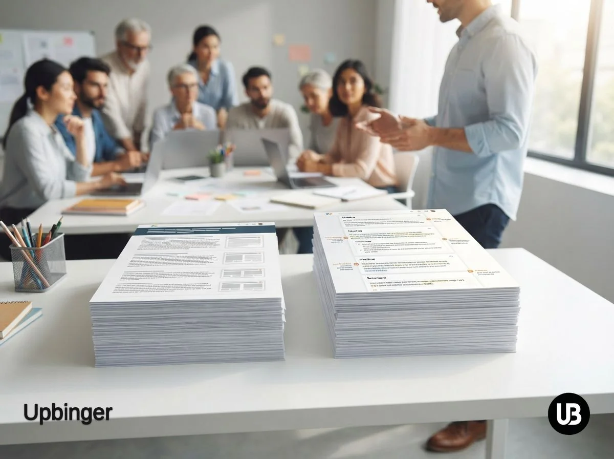 Editorial illustration showing two contrasting stacks of printed web pages, one traditional and one richly structured, on a bright desk in a modern office, symbolizing the shift from SEO-focused content to AEO-ready content.