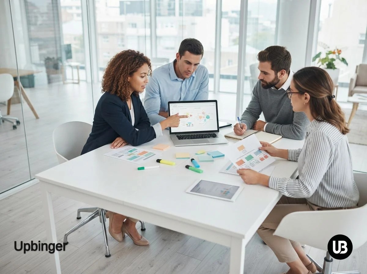 Marketing and SEO team in a bright office gathered around a laptop, discussing and evaluating the capabilities of an AI SEO platform with printed topic maps and notes on the table.
