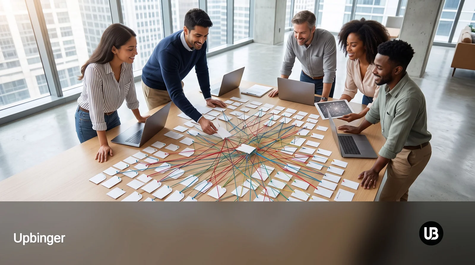 Marketing and SEO team around a large table mapping interconnected website pages with strings and cards, guided by an AI tool on a tablet, symbolizing internal linking strategies at scale.