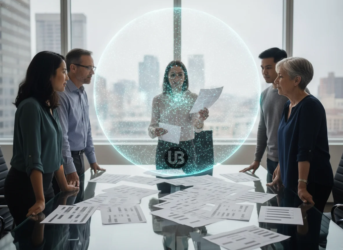 Knowledge workers around a table of old-style search result printouts looking up at a glowing digital sphere that represents AI-driven answer engines and global enterprise visibility.