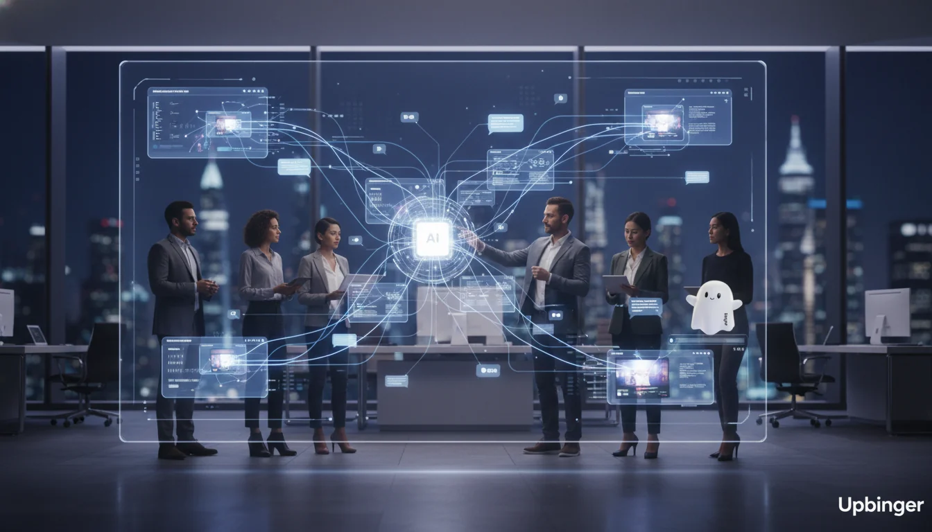 Wide editorial image of a team using a futuristic AI-powered search and content interface, symbolizing how artificial intelligence is transforming SEO and digital visibility.