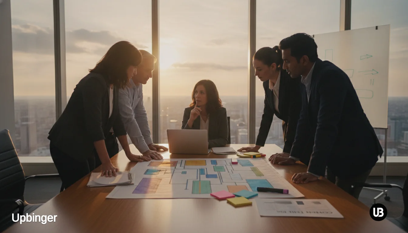CMO presenting to a diverse marketing team in a bright conference room, with an abstract AI SEO platform interface blurred on a large screen and laptop displays.
