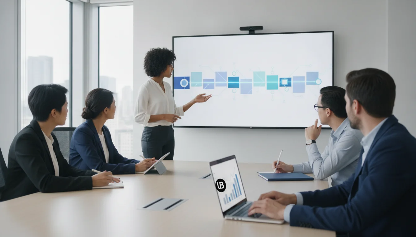 Enterprise marketing and product leaders in a bright conference room reviewing a visual AI SEO roadmap on a large screen, collaborating on a year-long implementation plan.
