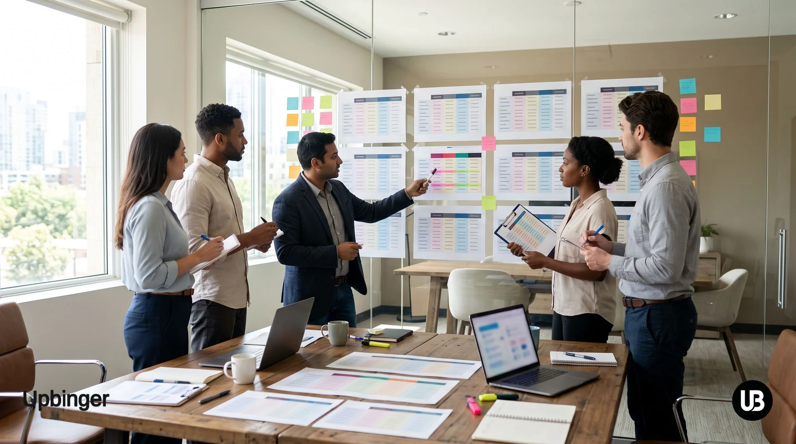 Marketing and SEO team in a modern office carefully comparing multiple AI SEO tools on laptops, tablets, and printed matrices laid out on a large table.