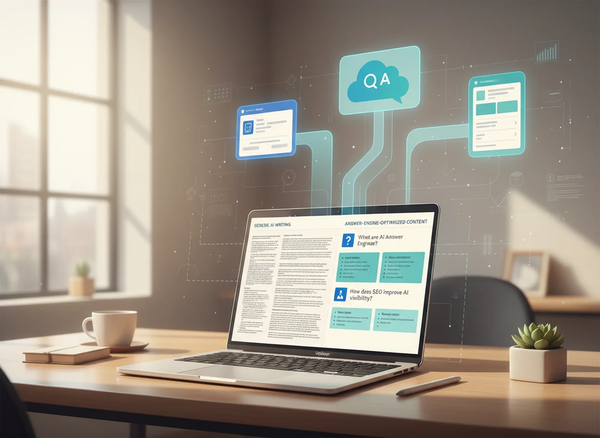 Conceptual illustration of a laptop showing generic text on one side and structured, answer-friendly content on the other, with the optimized content connecting to multiple abstract AI answer panels in the background and the brand name Upbinger on the laptop bezel.
