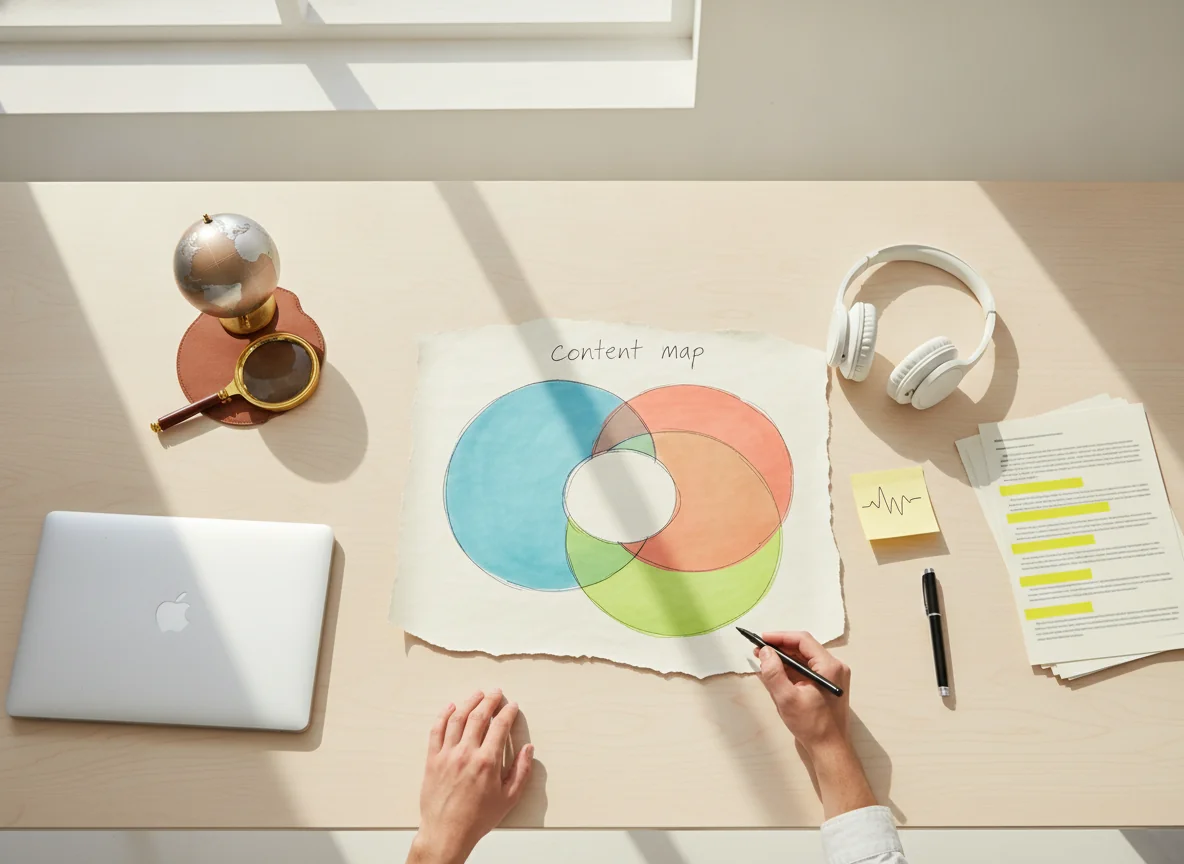 Strategist’s desk with a large layered content map showing three overlapping colored zones and symbolic objects for search, answer engines, and generative summaries.