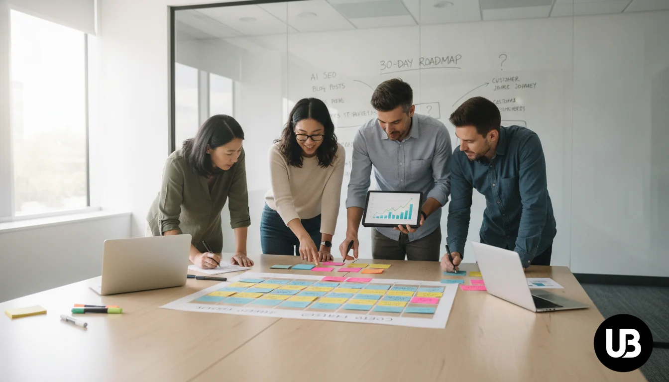 Marketing team in a modern office collaboratively mapping a 30‑day AI‑driven SEO content plan on a large table covered with calendar notes and content ideas.