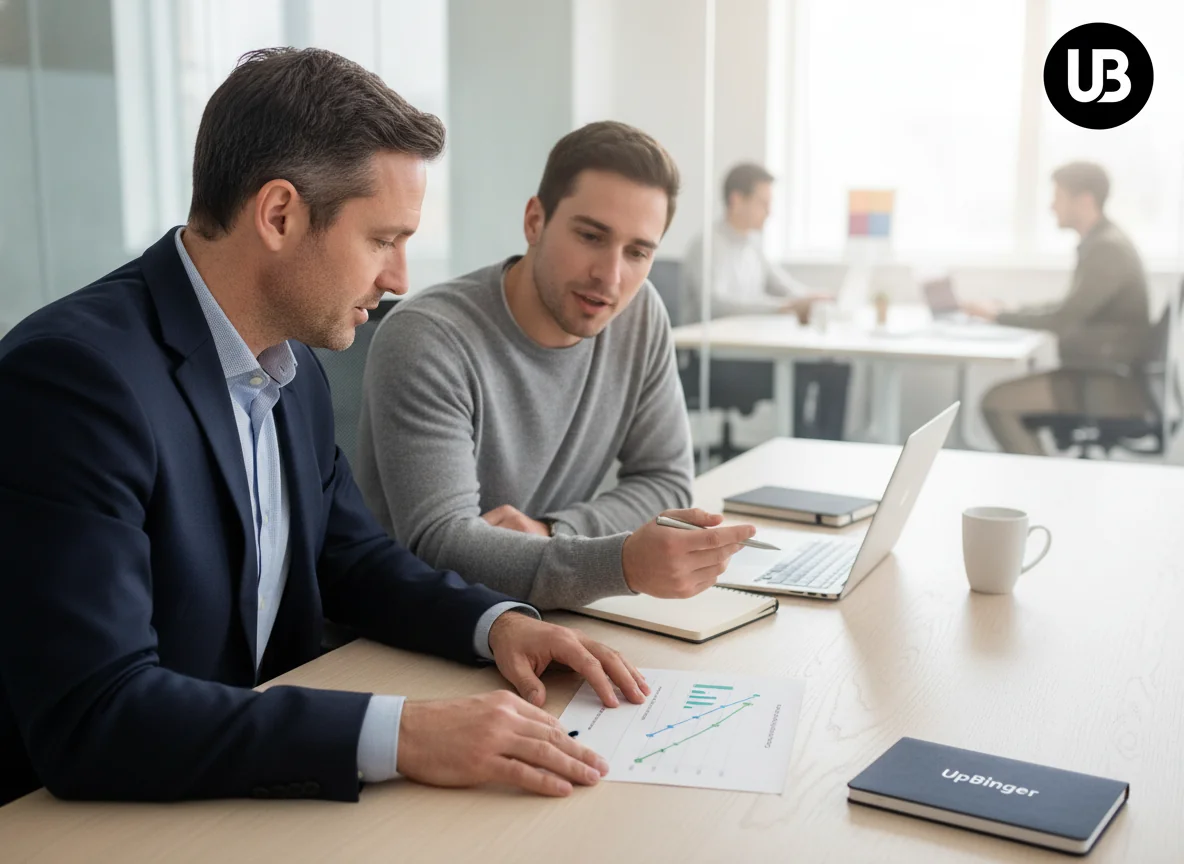 CFO and marketing lead review a simple growth chart in a bright office, illustrating how generative AI SEO turns fixed software costs into compounding organic traffic.