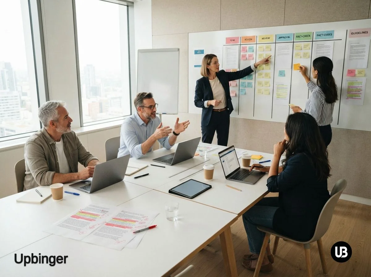 Marketing team in a bright conference room organizing a wall of guidelines and reviewing annotated content drafts, symbolizing AI content governance and quality control.