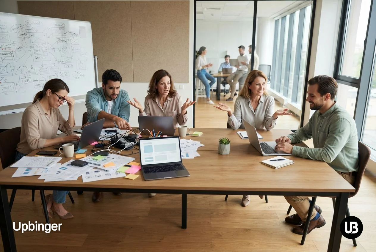 Marketing professional at a large desk comparing a complex, multi-device DIY AI setup on one side to a simple, streamlined laptop workspace on the other, symbolizing build versus buy decisions for AI content platforms.