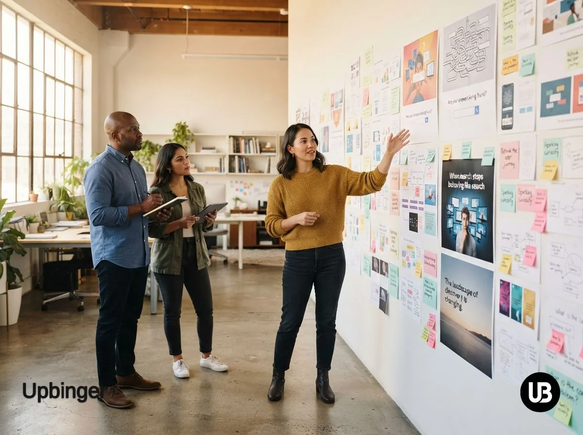 Marketing team in a bright studio reviewing conceptual ad mockups on a wall, focusing on problem- and story-led ideas rather than product pitches.
