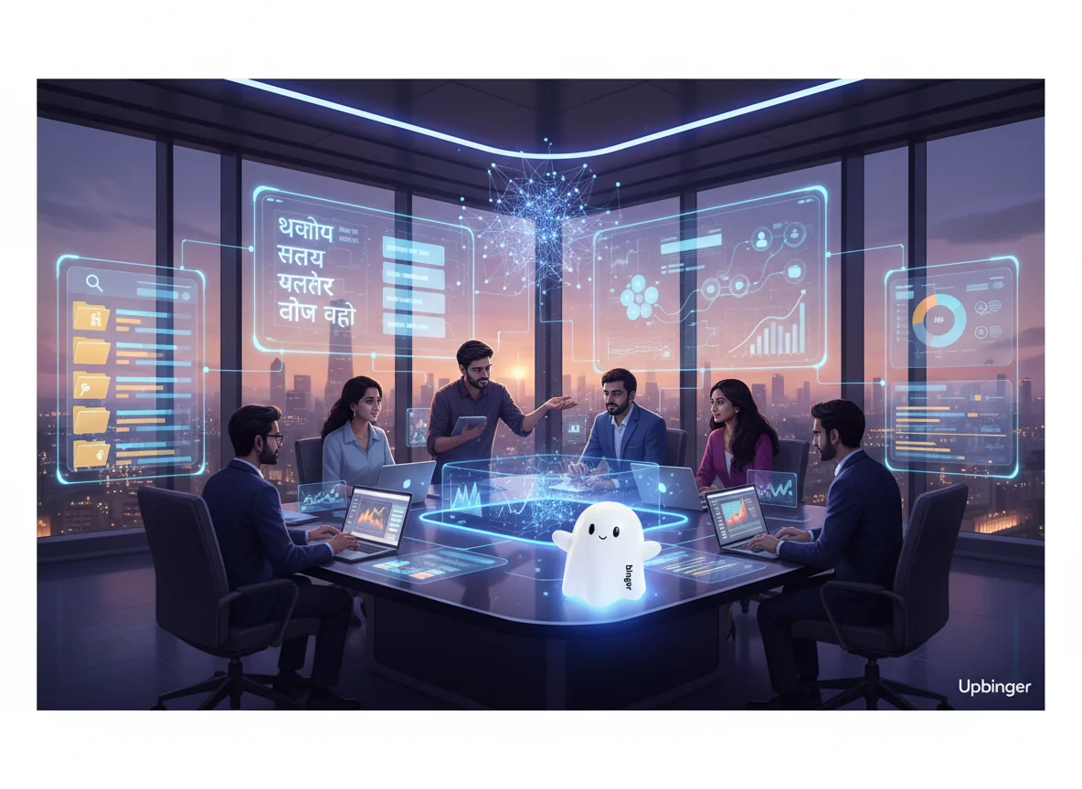 Illustrated enterprise content team in a modern office collaborating with an advanced AI system that visualizes multilingual content, SEO insights, and buyer journeys on large holographic screens.