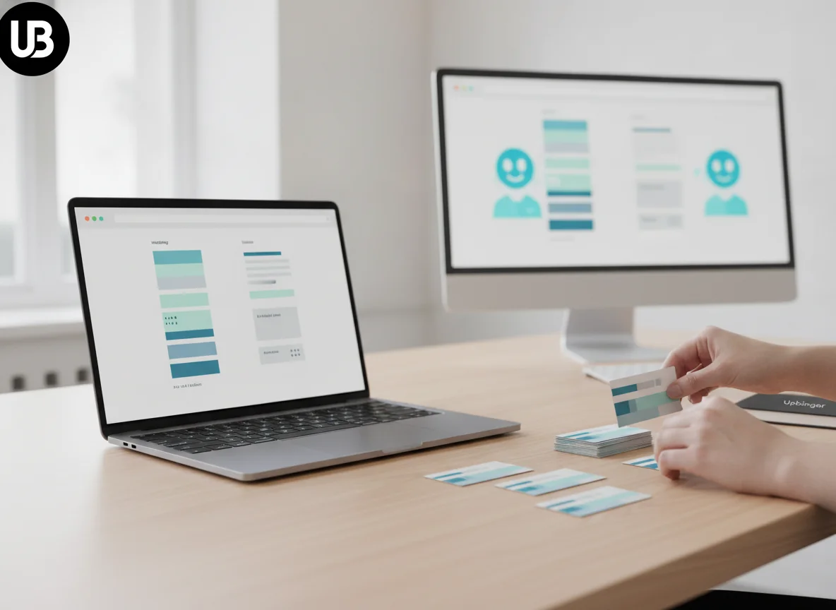Person at a modern desk organizing small cards representing content snippets beside a laptop displaying a neatly structured, text-free web page layout.
