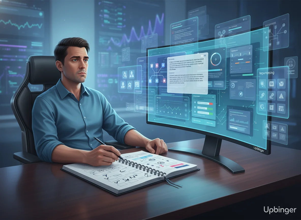 Conceptual illustration of a marketer overwhelmed by overlapping AI-powered SEO content tool interfaces on a large monitor, symbolizing the difficulty of comparing modern platforms.