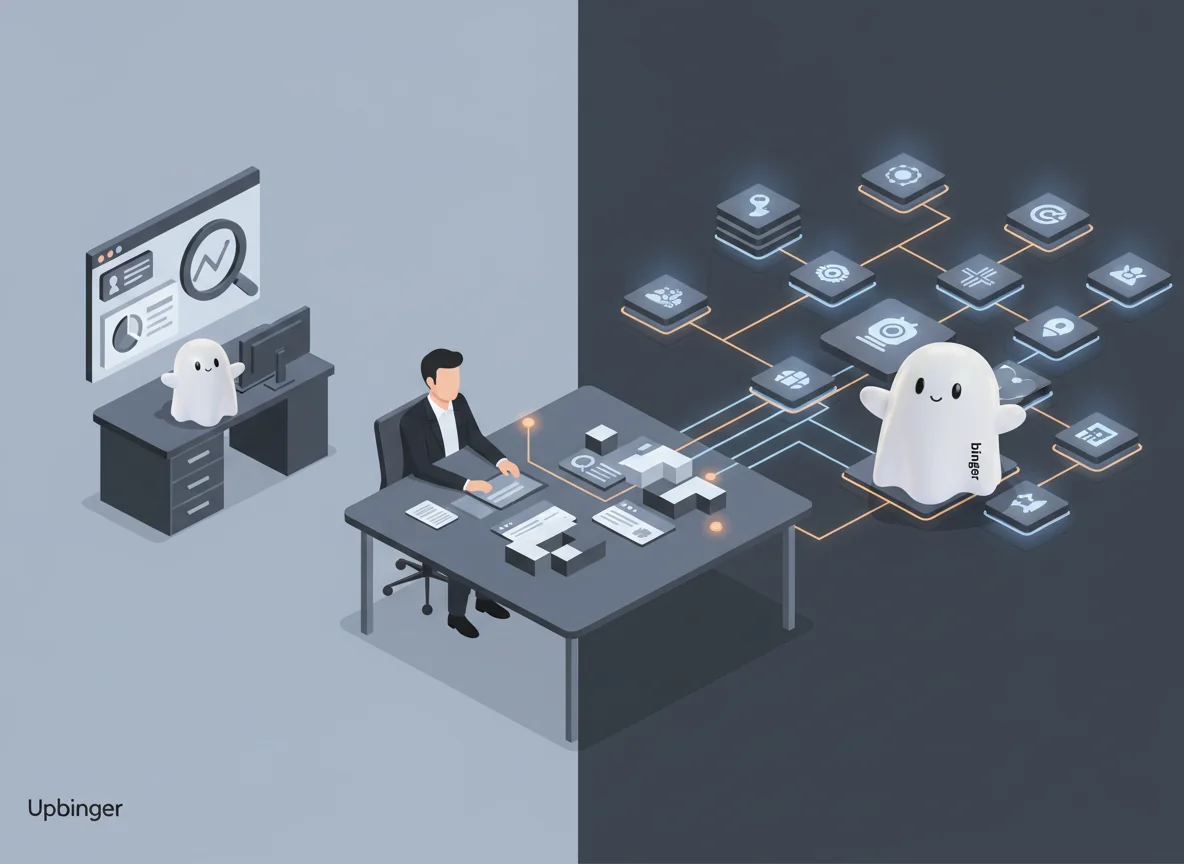 Editorial illustration showing a shift from a small standalone SEO tool dashboard to a large interconnected AI visibility infrastructure, with a business buyer evaluating the broader system.