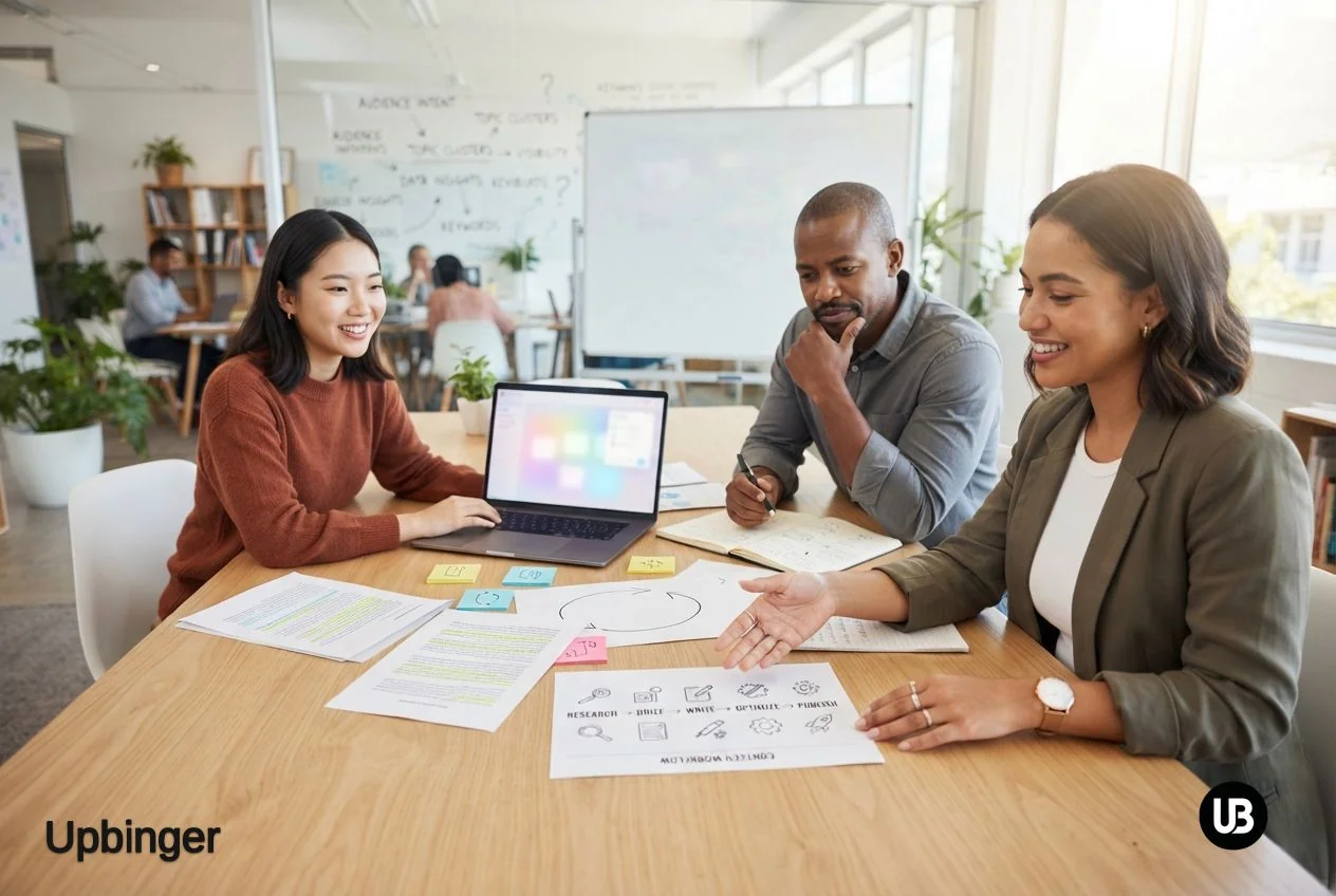 SEO and marketing team in a bright office comparing a traditional linear content plan on paper with a more dynamic AI-assisted workflow around a laptop.