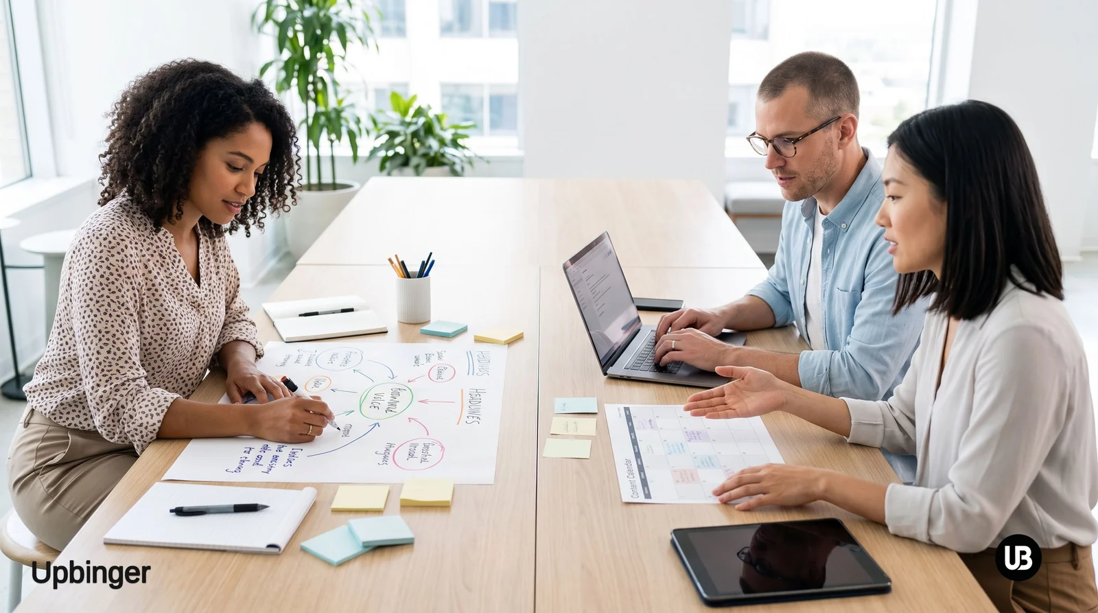 Marketing team collaborating around a table, combining handwritten content ideas with laptop-based AI tools in a bright modern office