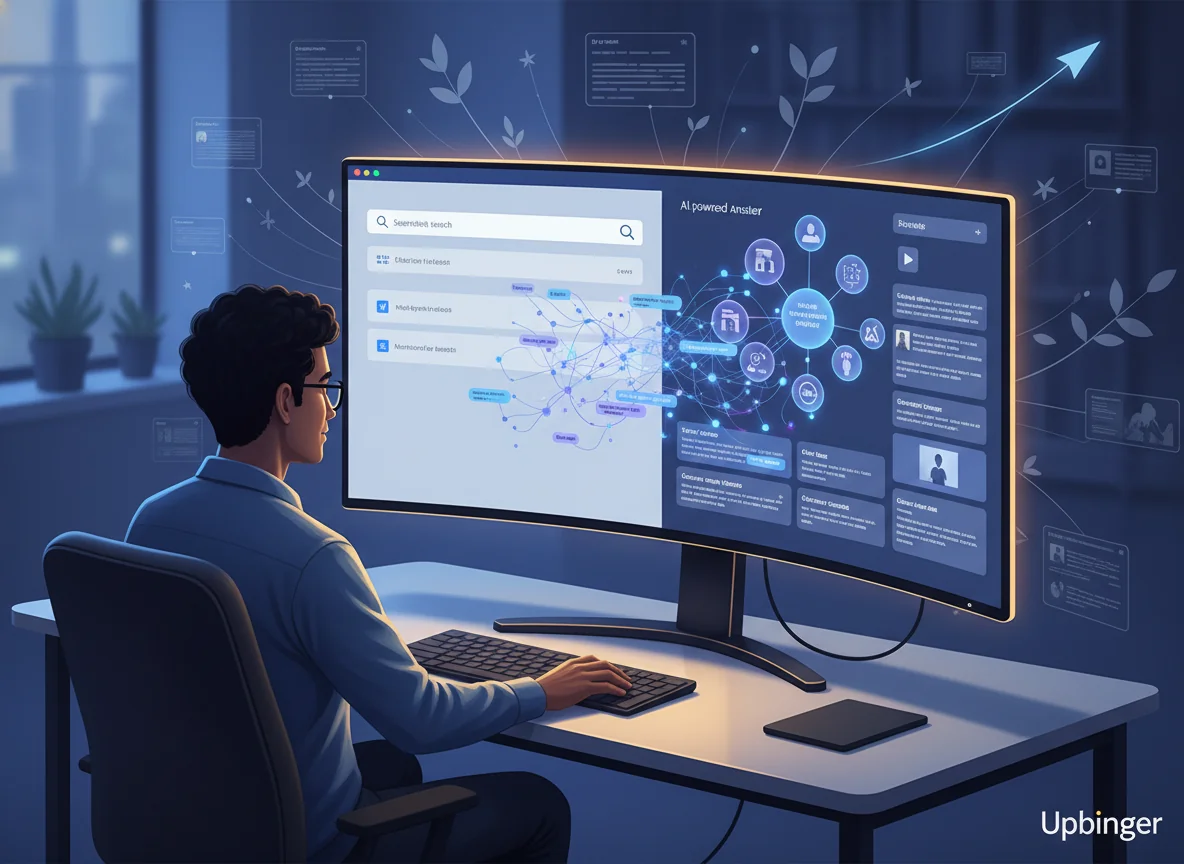 Conceptual illustration of a digital marketer viewing a screen where traditional search results evolve into an AI-driven, intent-based discovery interface with neural network visuals and organic growth symbolism.