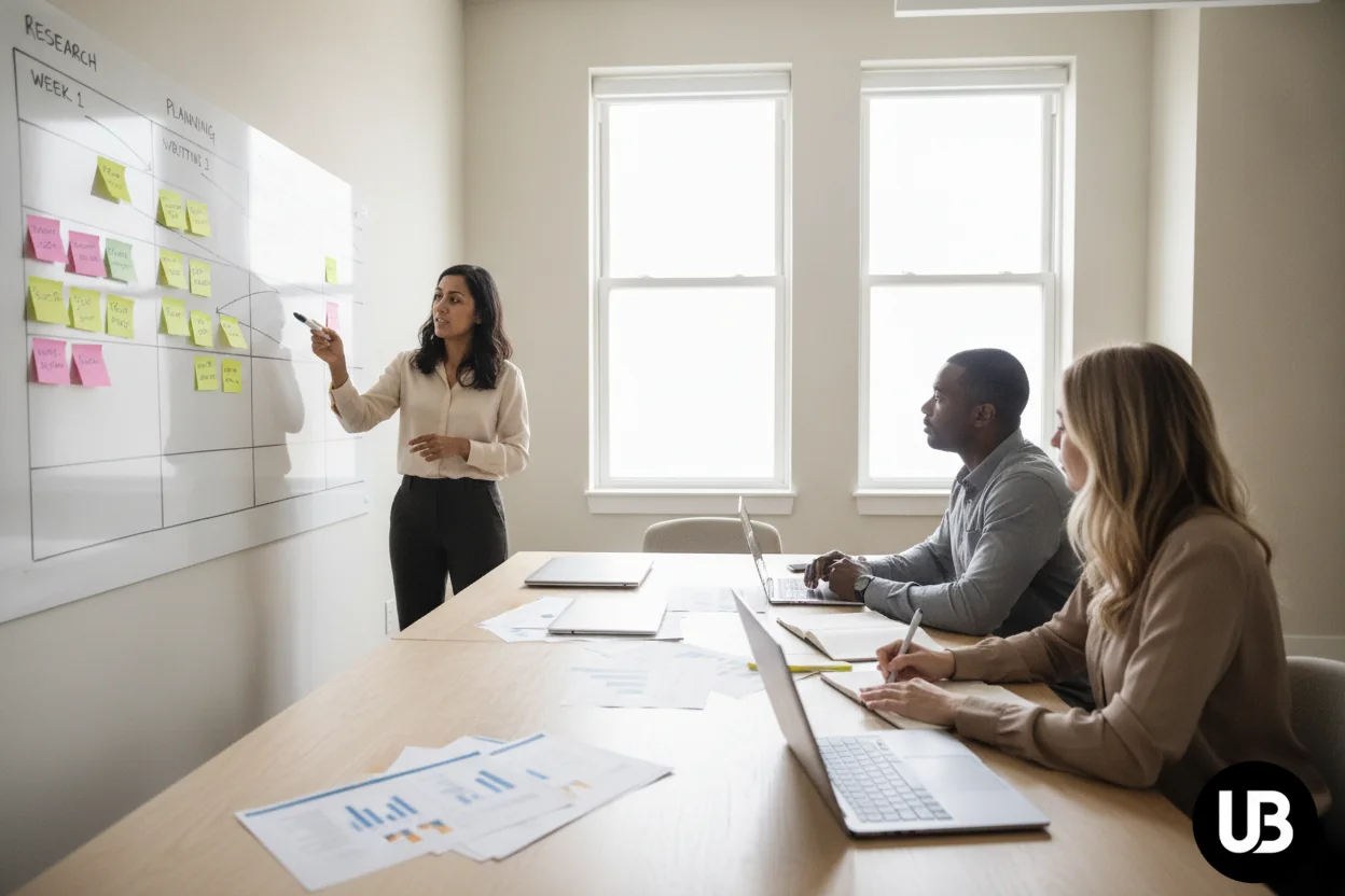 Team in a modern office collaborating around a 30-day content plan on a whiteboard, suggesting an AI-powered SEO workflow