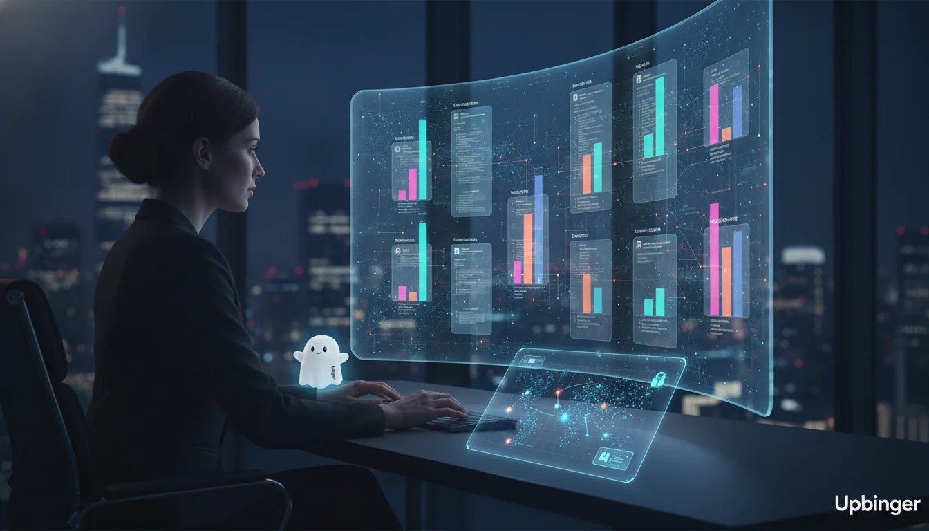 Marketing leader in a high-rise office analyzing a holographic AI dashboard that visualizes competitors’ SEO performance across a 3D grid of data and keyword clusters.